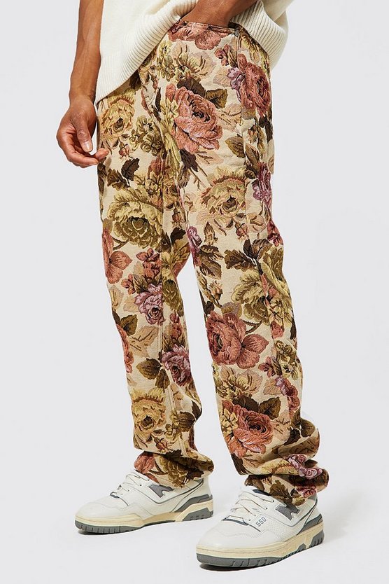 Sand Relaxed Fit Floral Tapestry Jeans on sale at BoohooMan